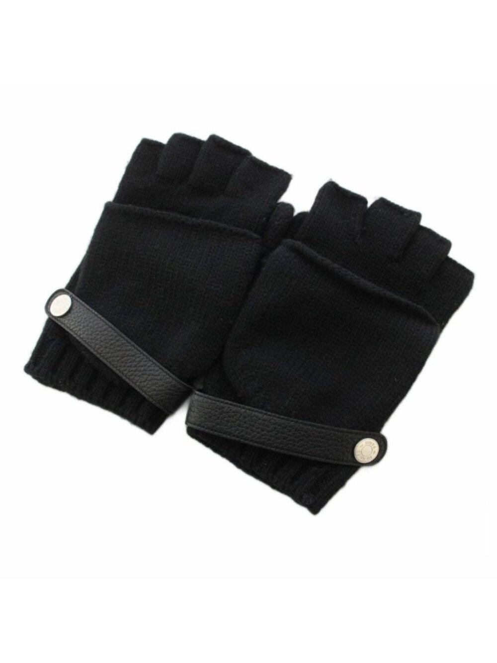 Hermes Knit Gloves Cashmere Deerskin Leather Sellier Buttons Black KH
